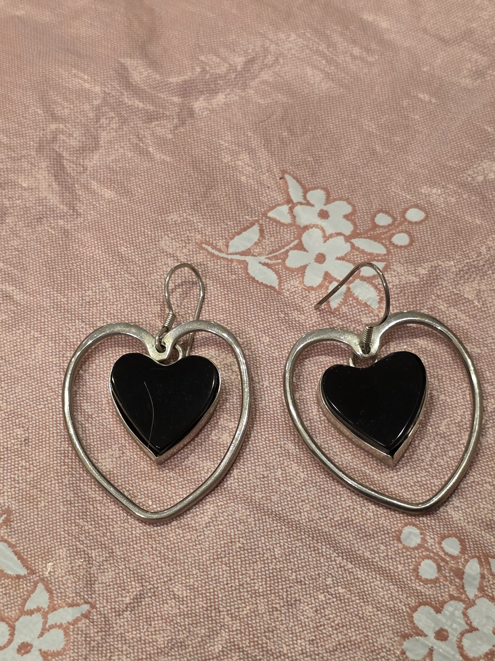 Vintage Sterling Silver And Black Onyx Heart In Heart Earrings.